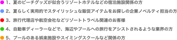 ● 1、夏のビーチグッズが似合うリゾートホテルなどの宿泊施設関係の方